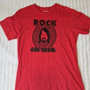 Red Graphic Tee with Rock and Grohl Design